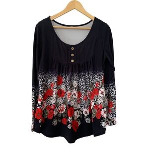 Womens Long Sleeve Tunic Top Floral Leopard Print‎ Button Accent Black Size L